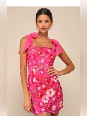 Lulu's Hot Pink Floral Tie-Shoulder Camisole Dress Top